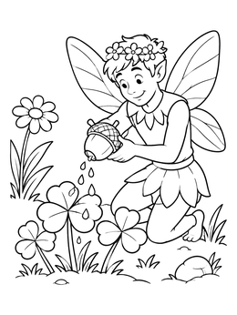 Free printable Fairy Watering Clover Leaves coloring page