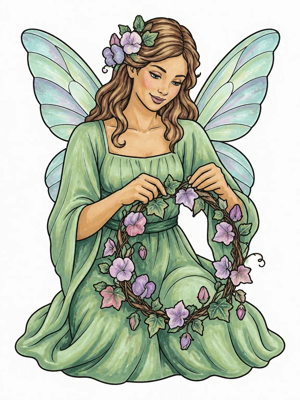 Colored example of the Flower Fairy Weaving A Wreath coloring page