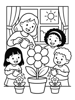 Family Watering Window Flowers coloring page