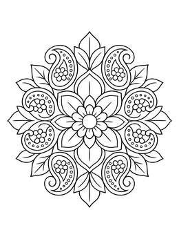 Intricate flower coloring page featuring a symmetrical mandala with paisley motifs and blooming petals.