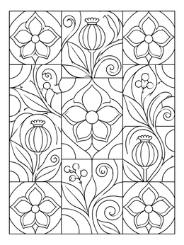 A decorative flower coloring page featuring mosaic tiles, blossoms, and poppy seed pods.