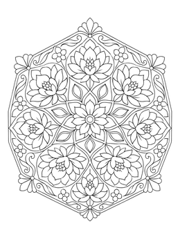 An intricate flower coloring page with blooming lotus blossoms in an ornate geometric mandala pattern.