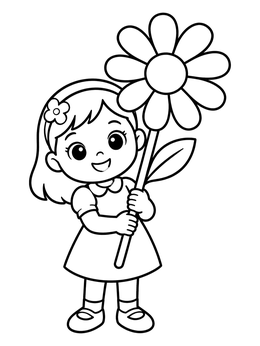 Free printable Cute Girl Holding Giant Daisy coloring page