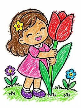 Happy Girl Hugging Giant Tulip – Flower Girl Coloring Page