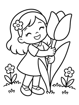 Free printable Happy Girl Hugging Giant Tulip coloring page