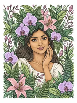Woman With Orchid And Fern Crown – Flower Girl Coloring Page
