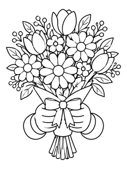 A lovely flower coloring page showing two hands holding a bouquet of daisies and tulips tied with a bow.