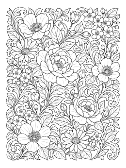 An intricate flower coloring page with blooming peonies, daisies, and curling foliage.