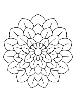 A flower coloring page showing a symmetric mandala of layered petals.