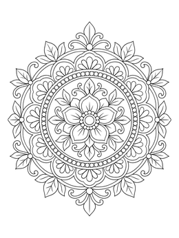 An intricate flower coloring page featuring a detailed circular mandala with leaves.
