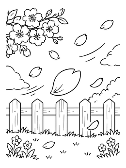 Free printable Cherry Blossoms Drifting Past Garden Fence coloring page