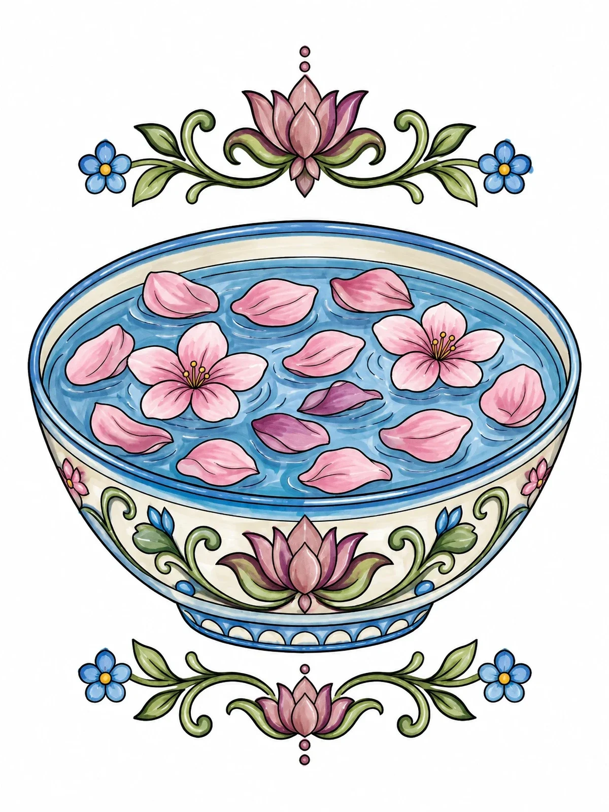 Colored example of the Floating Petals In Decorative Bowl coloring page