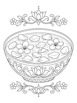 A peaceful flower petal coloring page showing blossoms floating in an ornate water bowl.