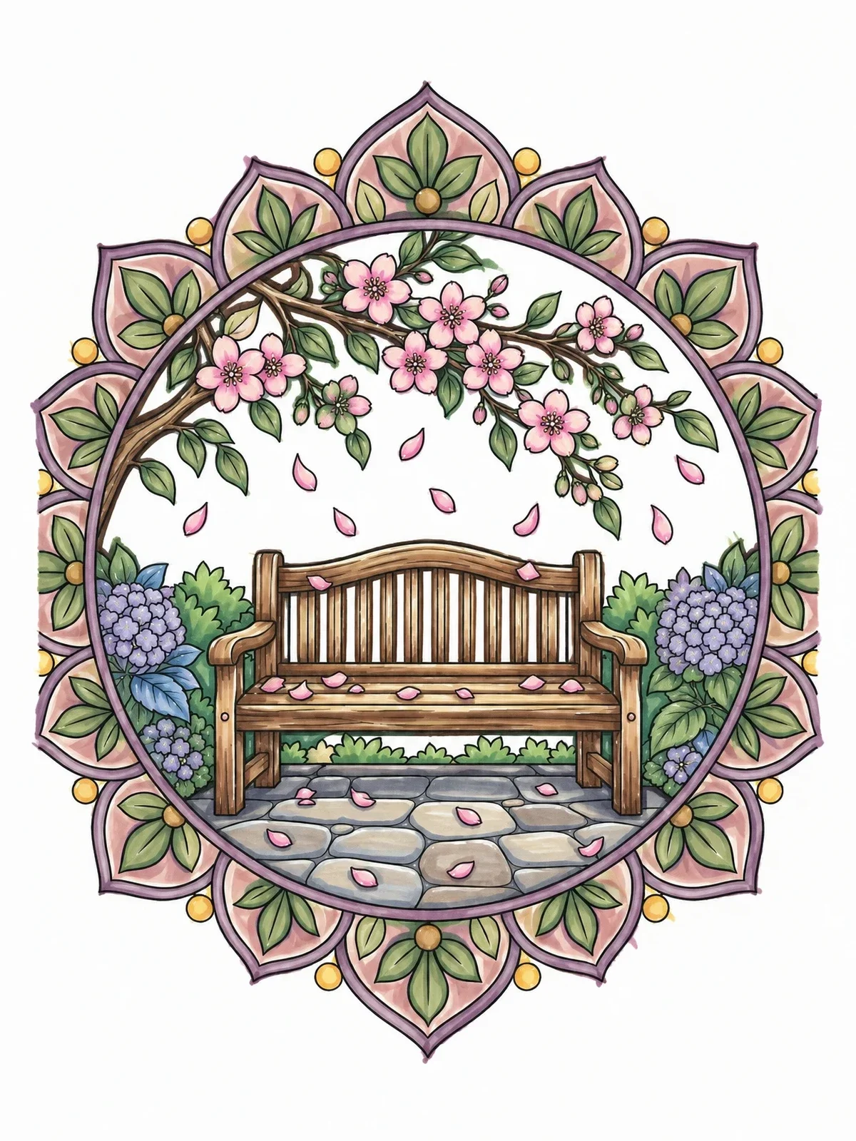 Colored example of the Garden Bench With Falling Petals Mandala coloring page