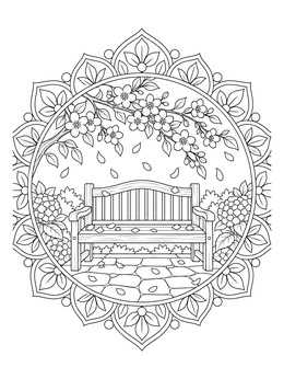 A serene wooden garden bench framed inside a flower petal coloring page mandala.