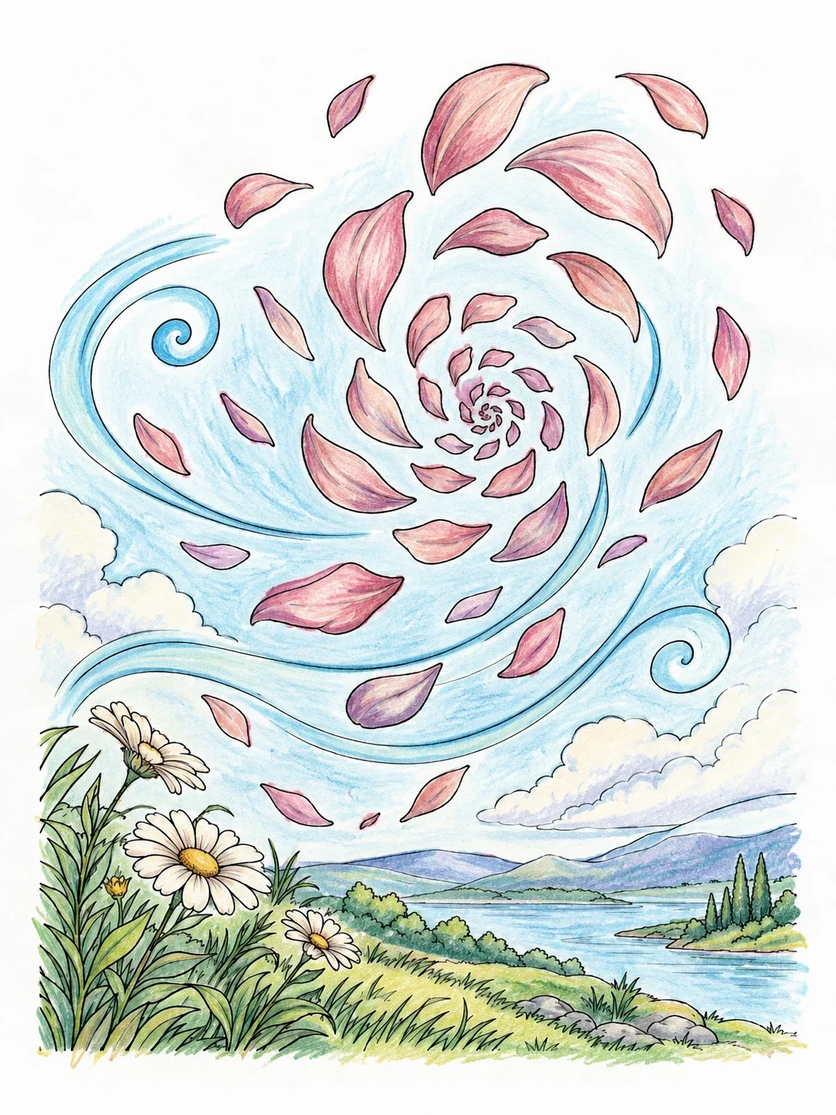 Colored example of the Swirling Petals Over Scenic Valley coloring page