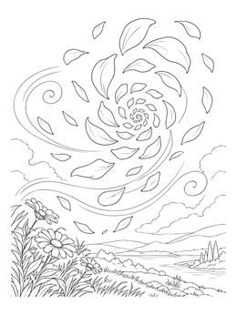 A flower petal coloring page showing wind swirling delicate petals over a landscape.