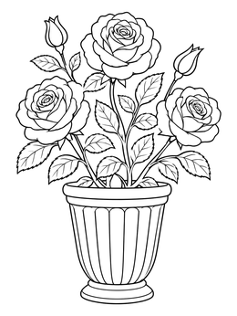 A detailed flower pot coloring page featuring three blooming roses and buds in a tall fluted planter.