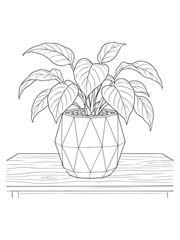 A leafy houseplant inside a geometric flower pot coloring page sitting on a wooden tabletop.