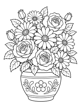 A decorative flower pot coloring page filled with blooming roses and daisies.