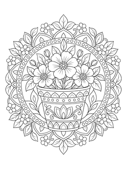 A decorative flower pot coloring page surrounded by circular floral mandala patterns.