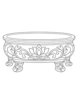 An ornate flower pot coloring page featuring a wide shallow bonsai planter on decorative feet.