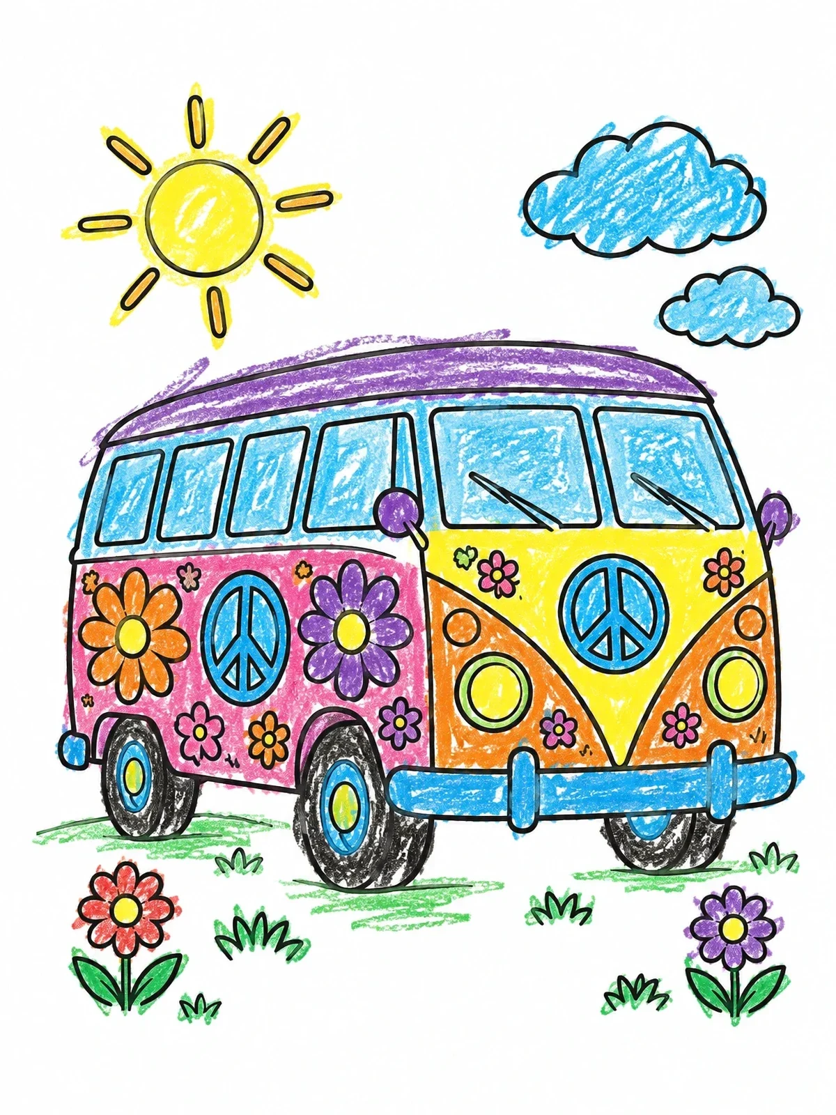 Colored example of the Flower Power Camper Van coloring page