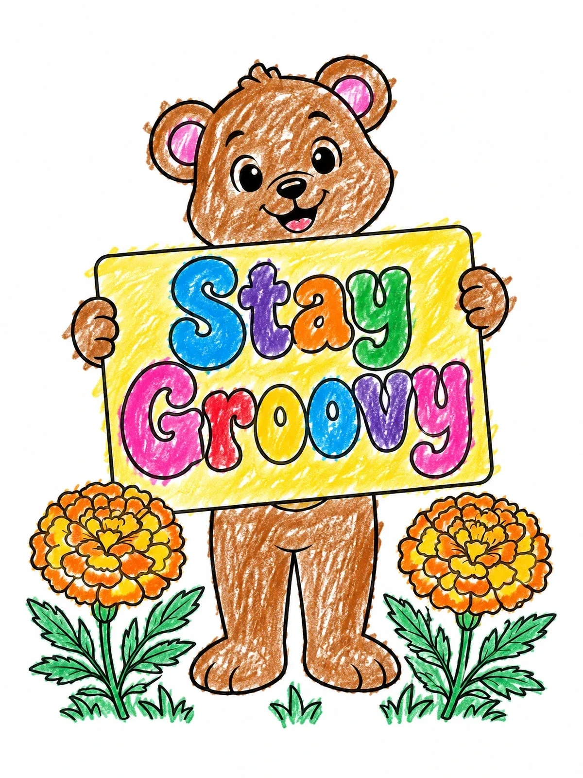 Colored example of the Cute Bear Holding Stay Groovy Sign coloring page