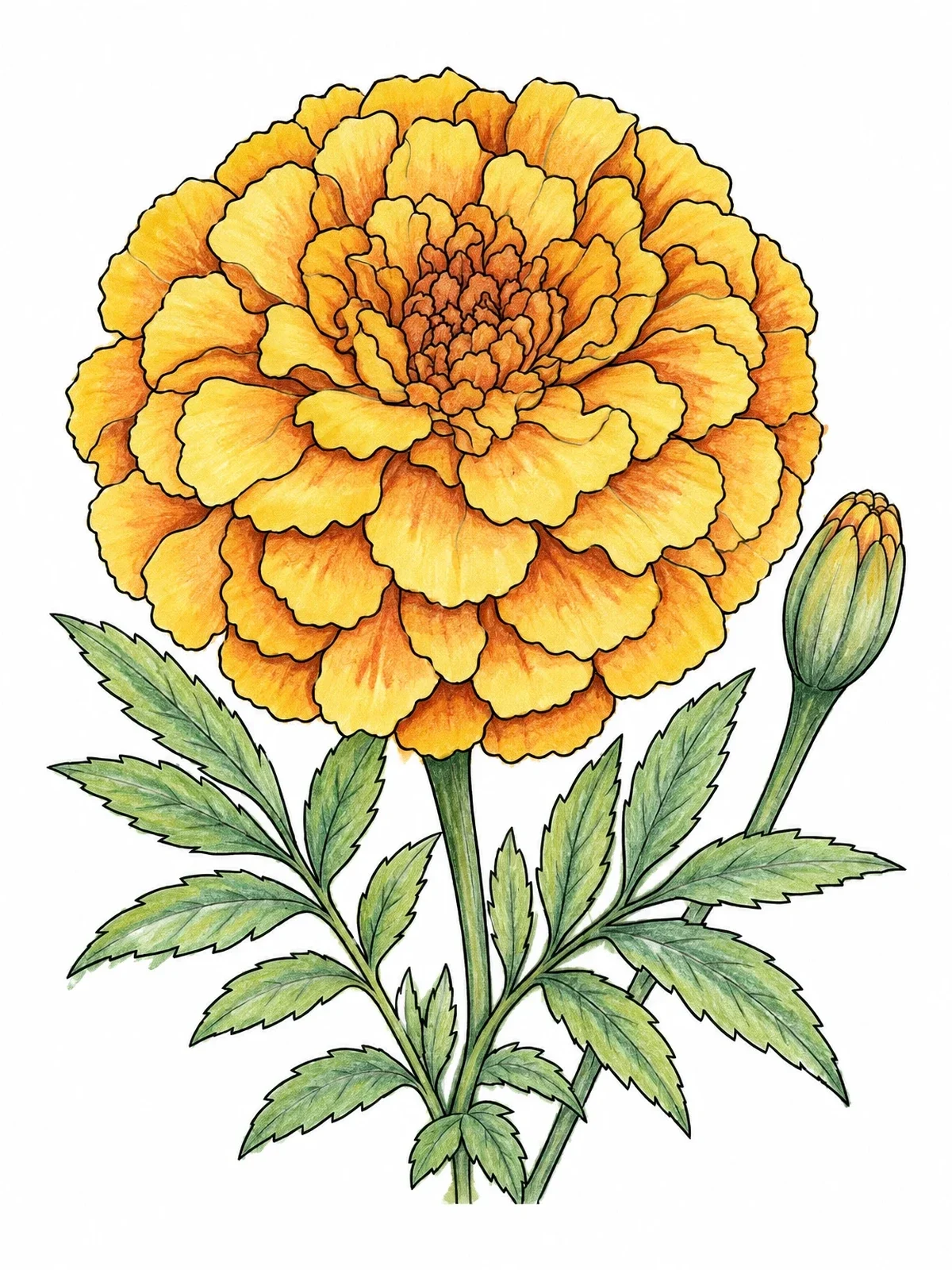 Colored example of the Detailed Garden Marigold Blossom coloring page