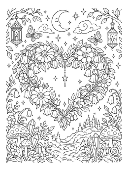 A whimsical landscape and floral heart wreath in this flower power coloring page.