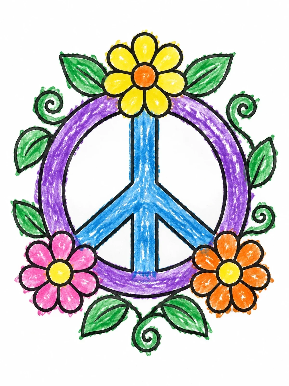 Colored example of the Floral Peace Sign With Daisies coloring page