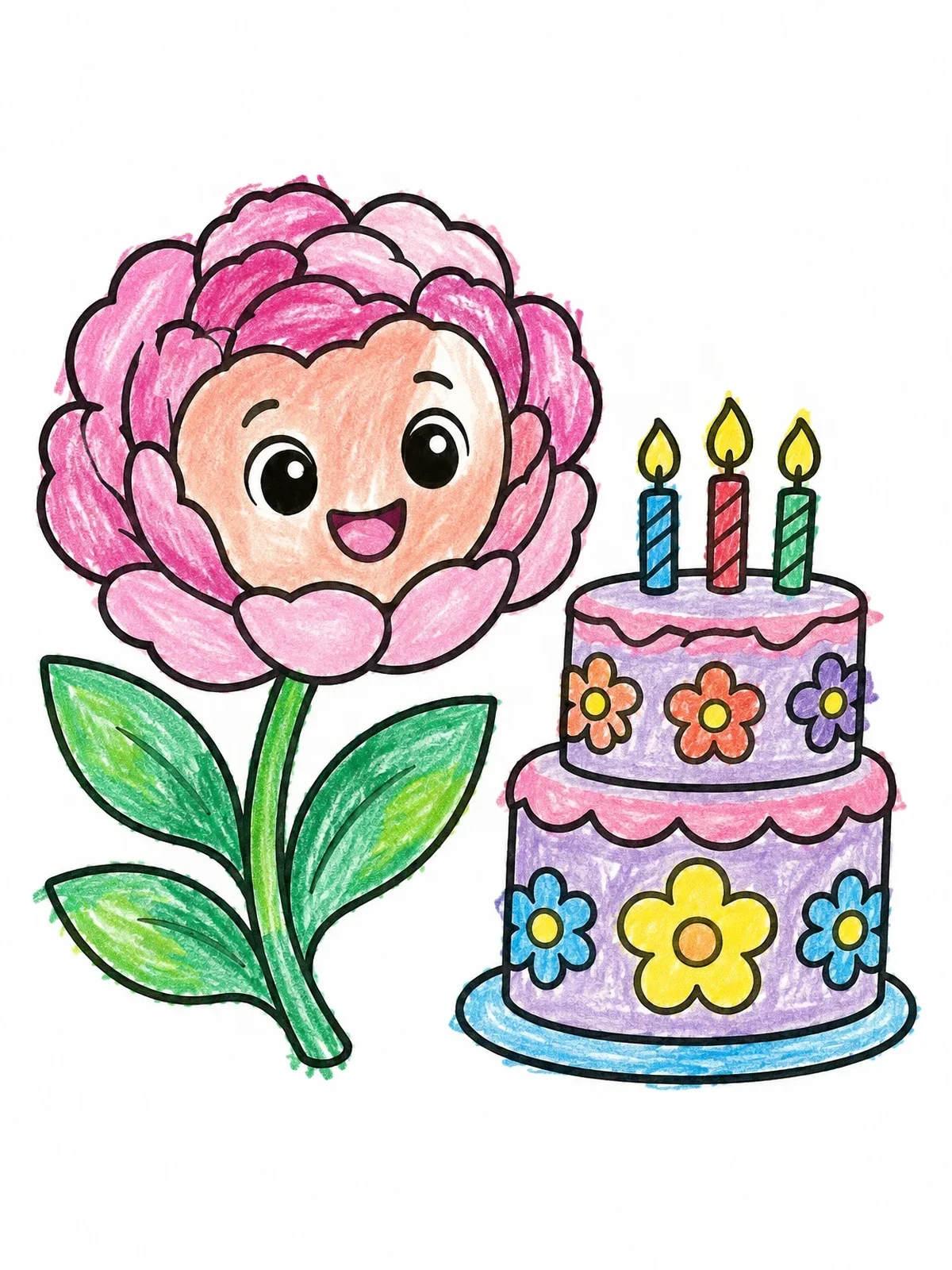 Colored example of the Happy Peony With Birthday Cake coloring page