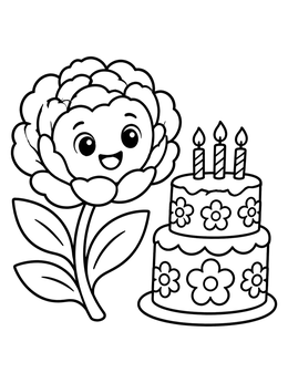Free printable Happy Peony With Birthday Cake coloring page