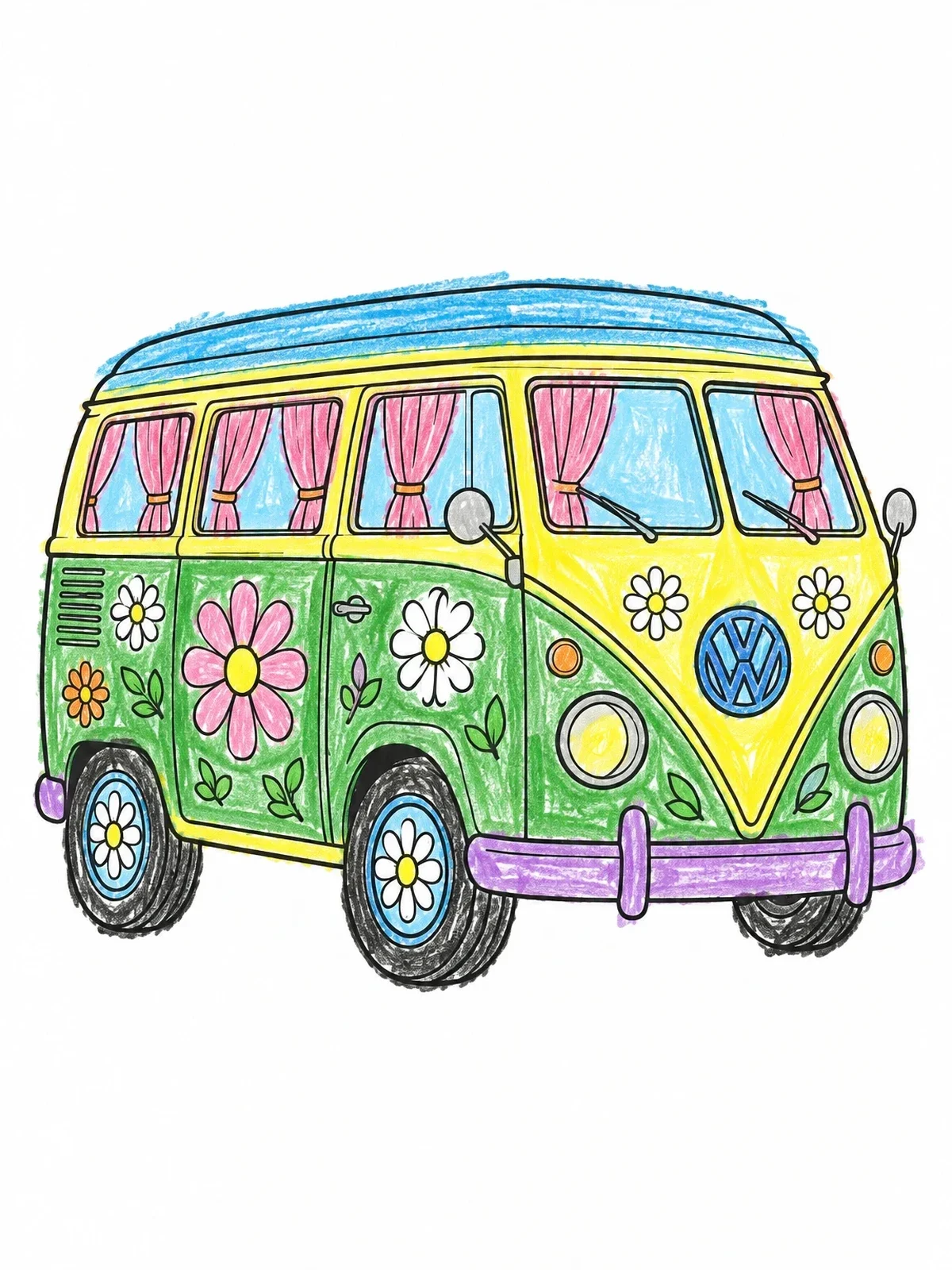 Colored example of the Vintage Floral Camper Van coloring page