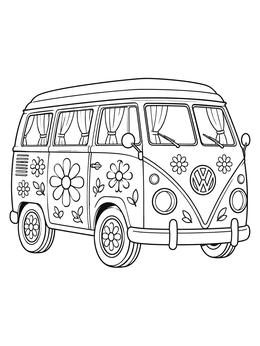 A retro hippie bus decorated with daisy flowers on this flower power coloring page.