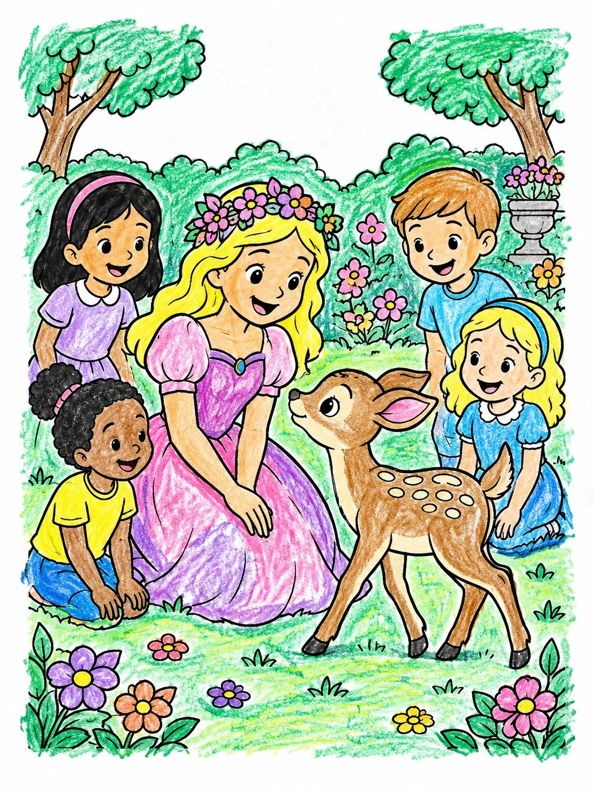 Colored example of the Flower Princess And Friendly Fawn coloring page