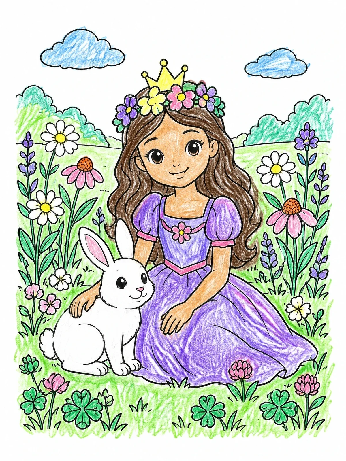 Colored example of the Flower Princess With Bunny In Meadow coloring page