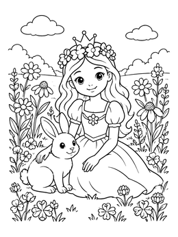 Free printable Flower Princess With Bunny In Meadow coloring page