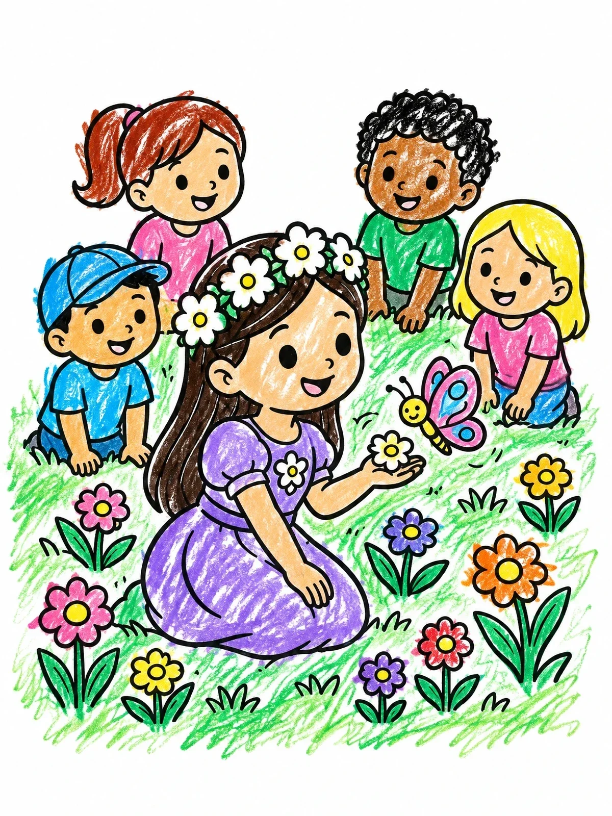 Colored example of the Flower Princess And Meadow Friends coloring page