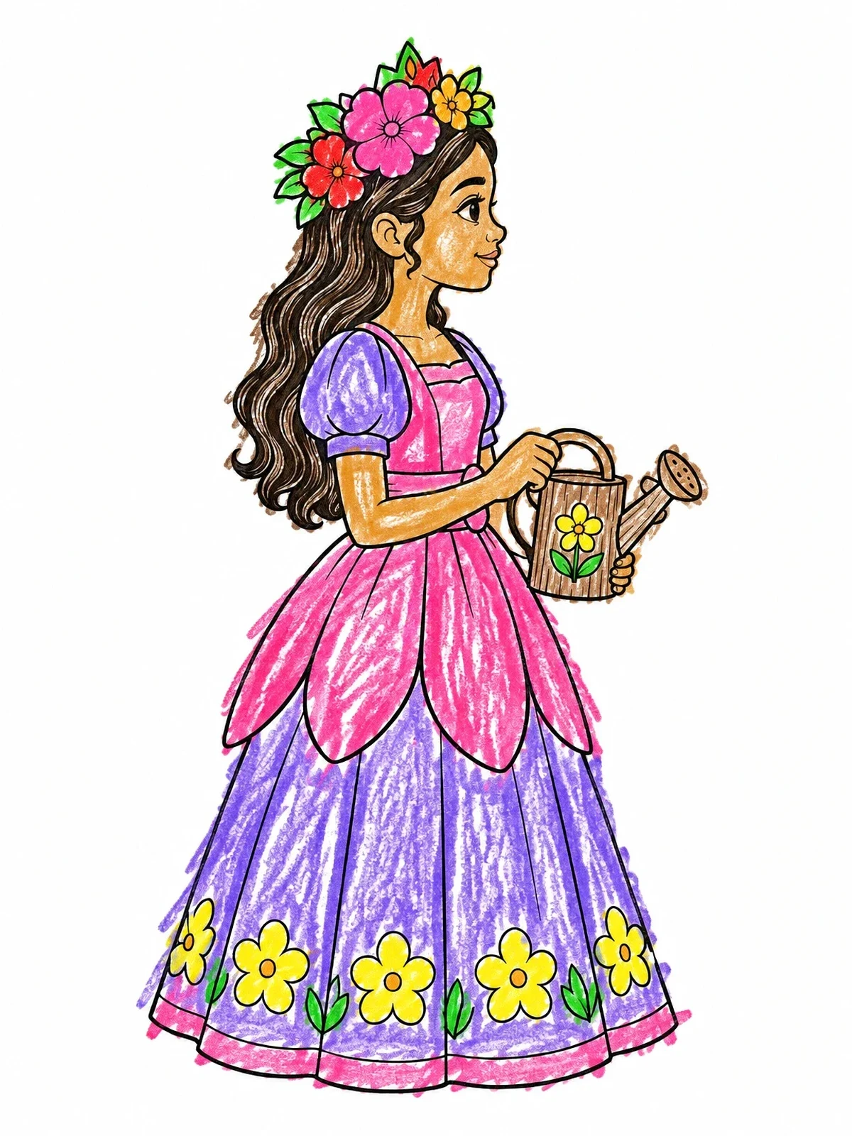 Colored example of the Flower Princess With Watering Can coloring page