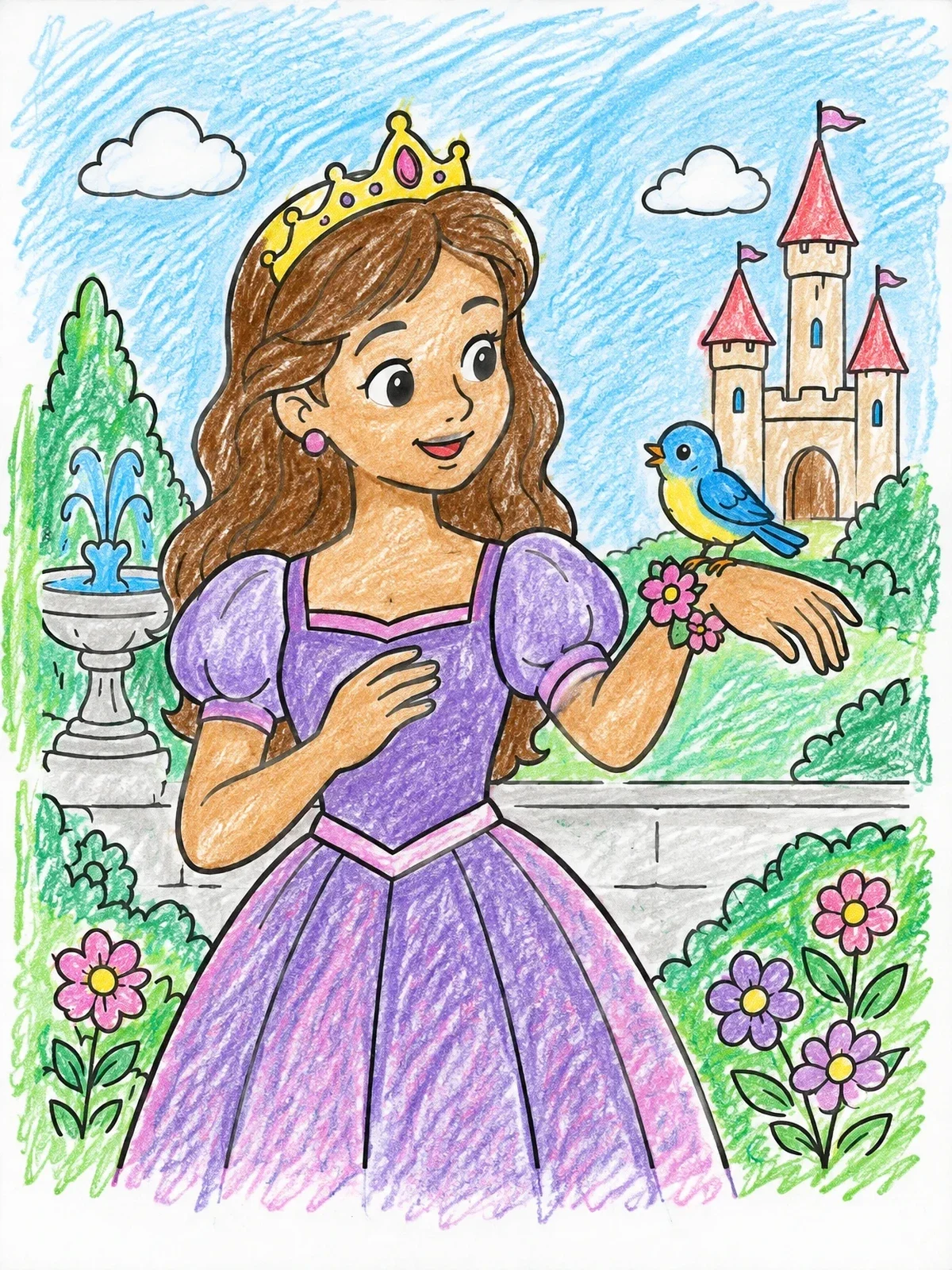 Colored example of the Princess With Songbird In Garden coloring page