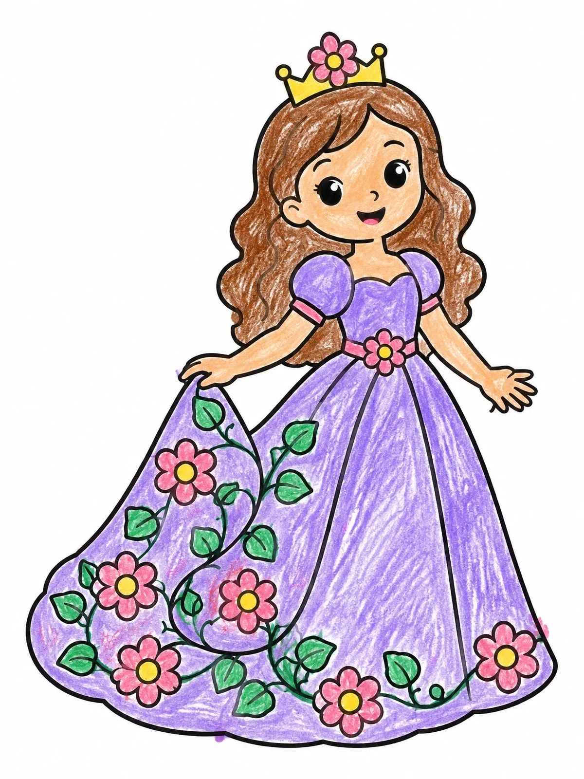 Colored example of the Princess With Floral Gown coloring page