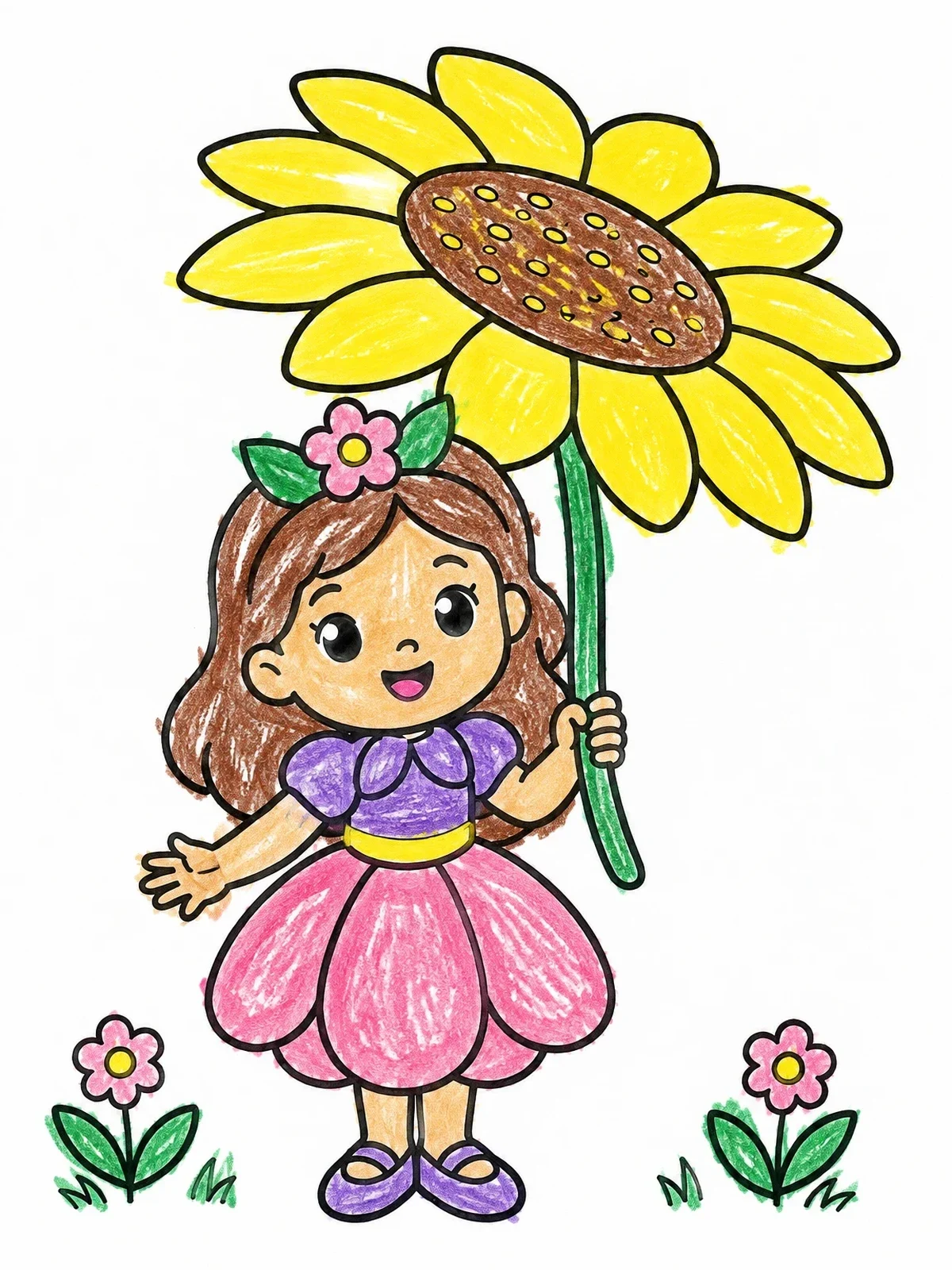 Colored example of the Little Flower Princess With Sunflower Umbrella coloring page