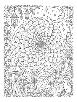 Intricate flower coloring page featuring a spiral blossom under a crescent moon with lanterns.