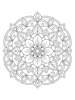 Intricate flower coloring page featuring a symmetrical floral mandala with layered petals and leaves.