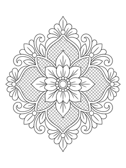 An intricate flower coloring page featuring a symmetrical blossom mandala with delicate lattice background patterns.