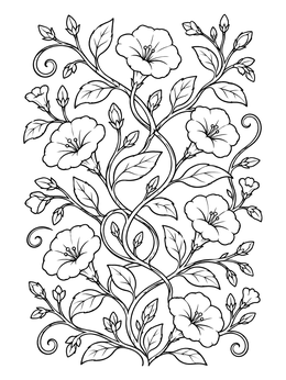 Intricate flower coloring page featuring climbing morning glory blossoms, buds, and winding leafy stems.