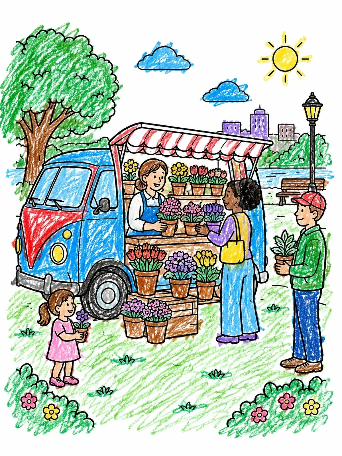 Colored example of the Flower Stand Delivery Van In The Park coloring page