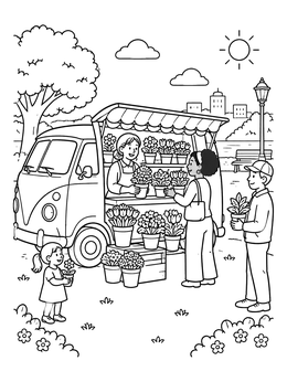 Free printable Flower Stand Delivery Van In The Park coloring page