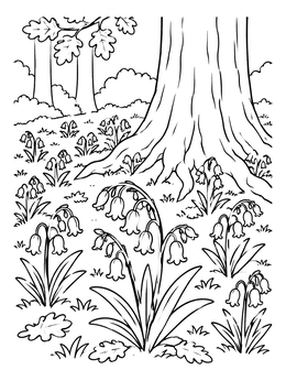 A forest flower coloring page showing blooming bluebells growing under an oak tree.